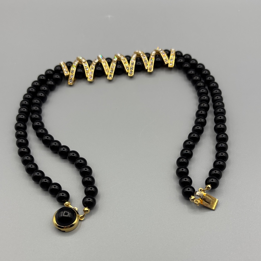 Black Onyx and Rhinestone Choker Necklace JP387 - Picture 7 of 9